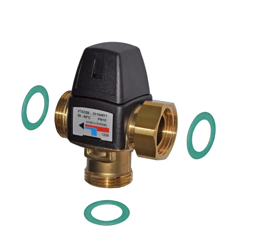 Thermischer Brauchwassermischer von Remeha mit zwei Anschlüssen, grünem Dichtungsring und einem Regelbereich für Temperaturen von 35 bis 60 °C.